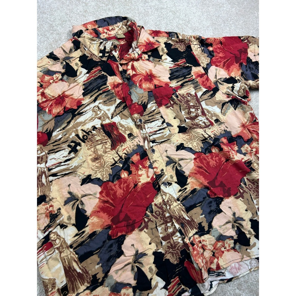 Natural Issue Mens XXL Tropical Aloha Shirt Hula Dancers Hibiscus Rayon Red Tan